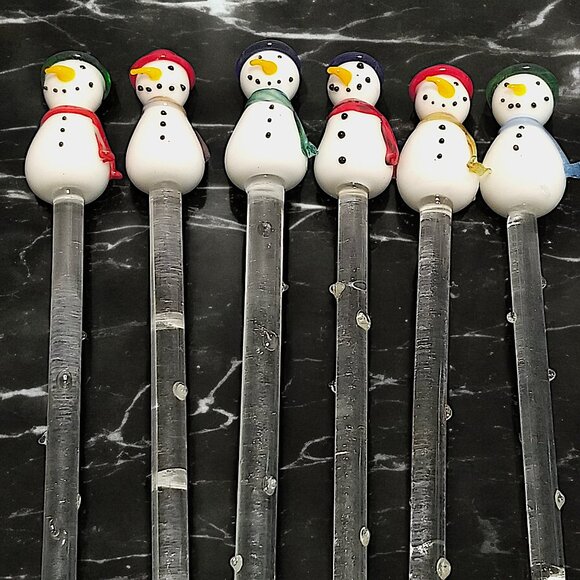 Glass Swizzle Sticks Set-6 Frosty Snowman Holiday's Barware Collection Boston - Picture 8 of 12
